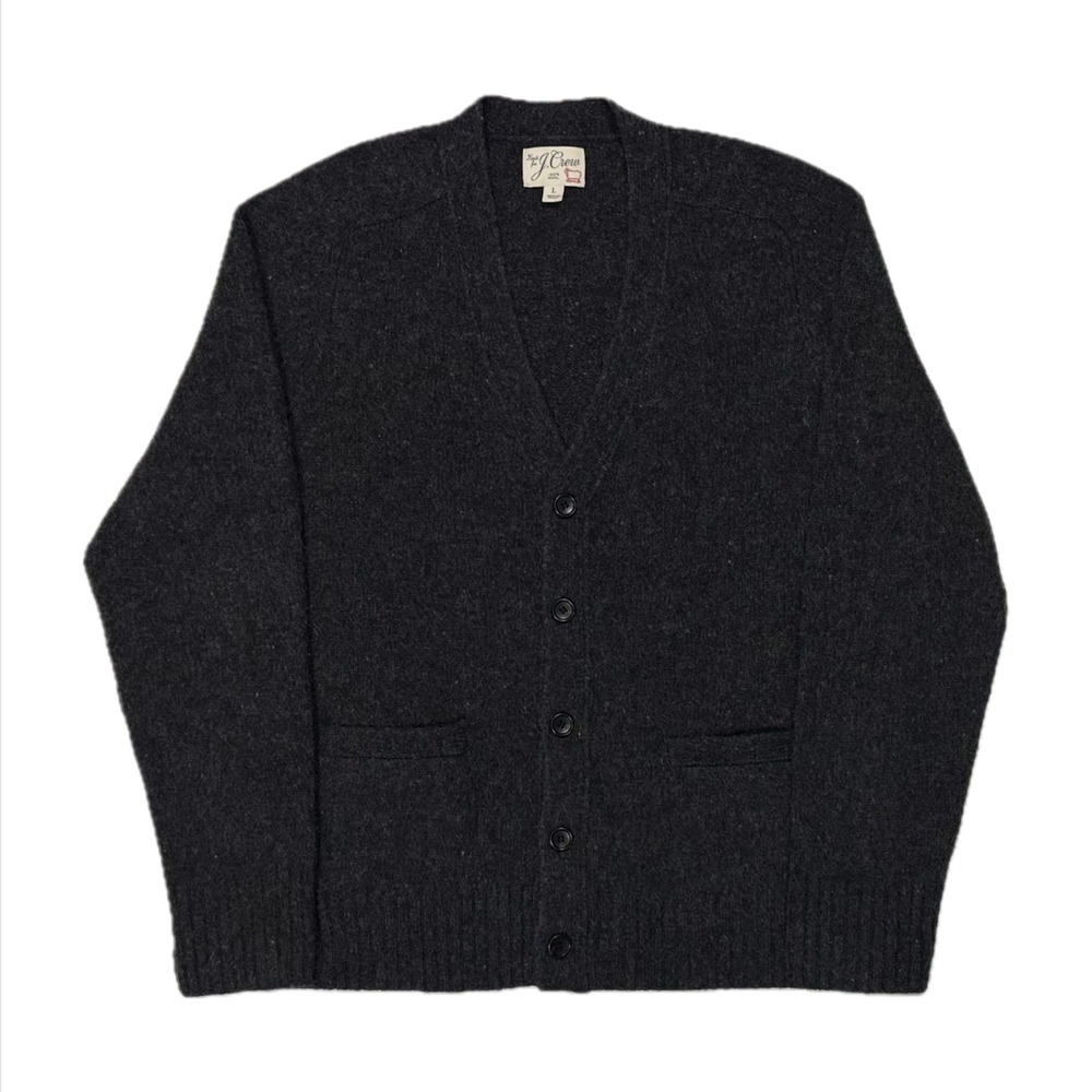 J Crew 100% wool grey knit v neck front pocket cardigan sweater mens large